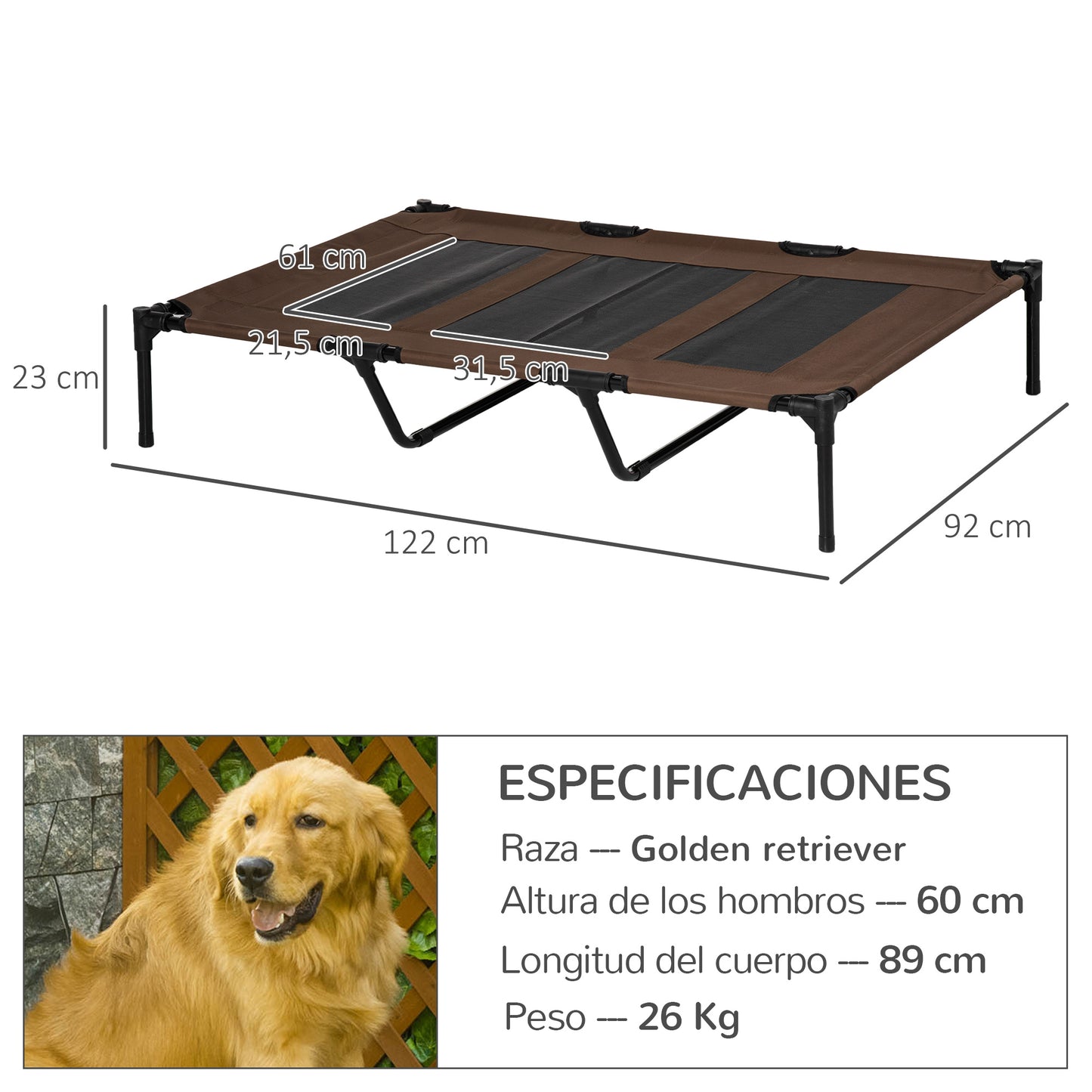 PawHut Cama Elevada para Perros Gatos Portátil Cama para Mascotas con Zona de Malla Transpirable y Tela Oxford para Interior Exterior 122x92x23 cm Café