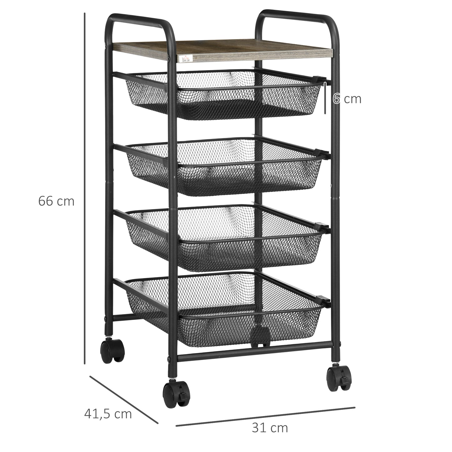 HOMCOM Carrito Auxiliar con Ruedas Carrito de Cocina de 5 Niveles con 4 Bandejas Extraíbles y Tablero de Madera para Salón Dormitorio 41,5x31x66 cm Negro