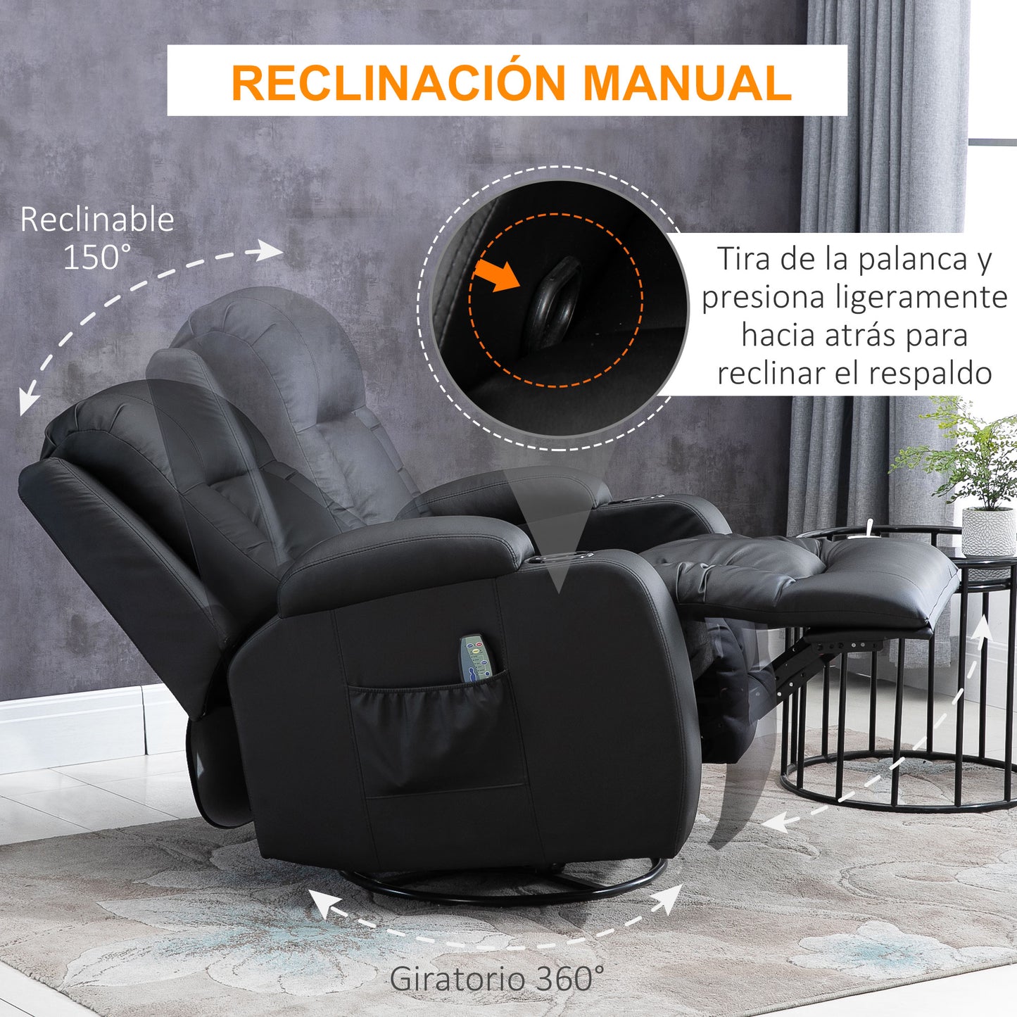 HOMCOM Sillón de Masaje Reclinable hasta 150° Silla para Relajación Sillón Relax con 8 Puntos de Masaje Vibrante Función de Calefacción Lumbar Mando a Distancia 85x94x104 cm Negro