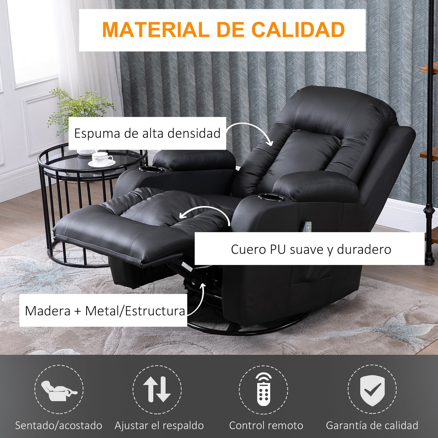 HOMCOM Sillón de Masaje Reclinable hasta 150° Silla para Relajación Sillón Relax con 8 Puntos de Masaje Vibrante Función de Calefacción Lumbar Mando a Distancia 85x94x104 cm Negro