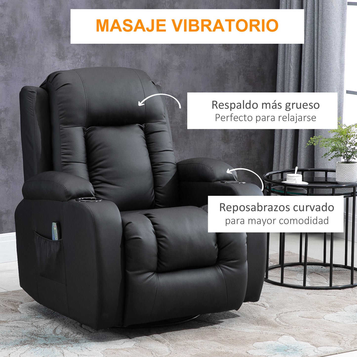 HOMCOM Sillón de Masaje Reclinable hasta 150° Silla para Relajación Sillón Relax con 8 Puntos de Masaje Vibrante Función de Calefacción Lumbar Mando a Distancia 85x94x104 cm Negro