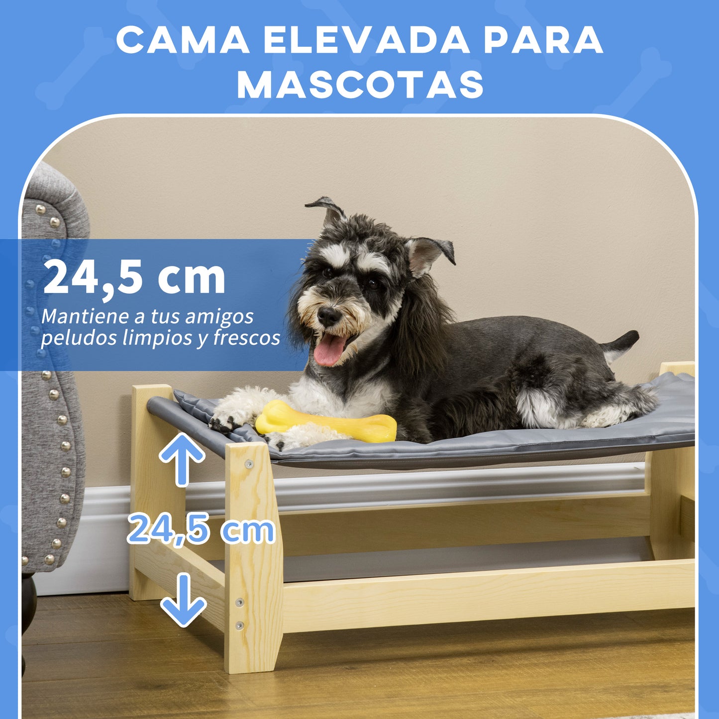 PawHut Cama Elevada para Perros Cama para Mascotas Medianas y Pequeños con Cojín Lavable Tela Oxford y Marco de Madera Carga 15 kg para Interior y Exterior 90x50x28 cm Gris