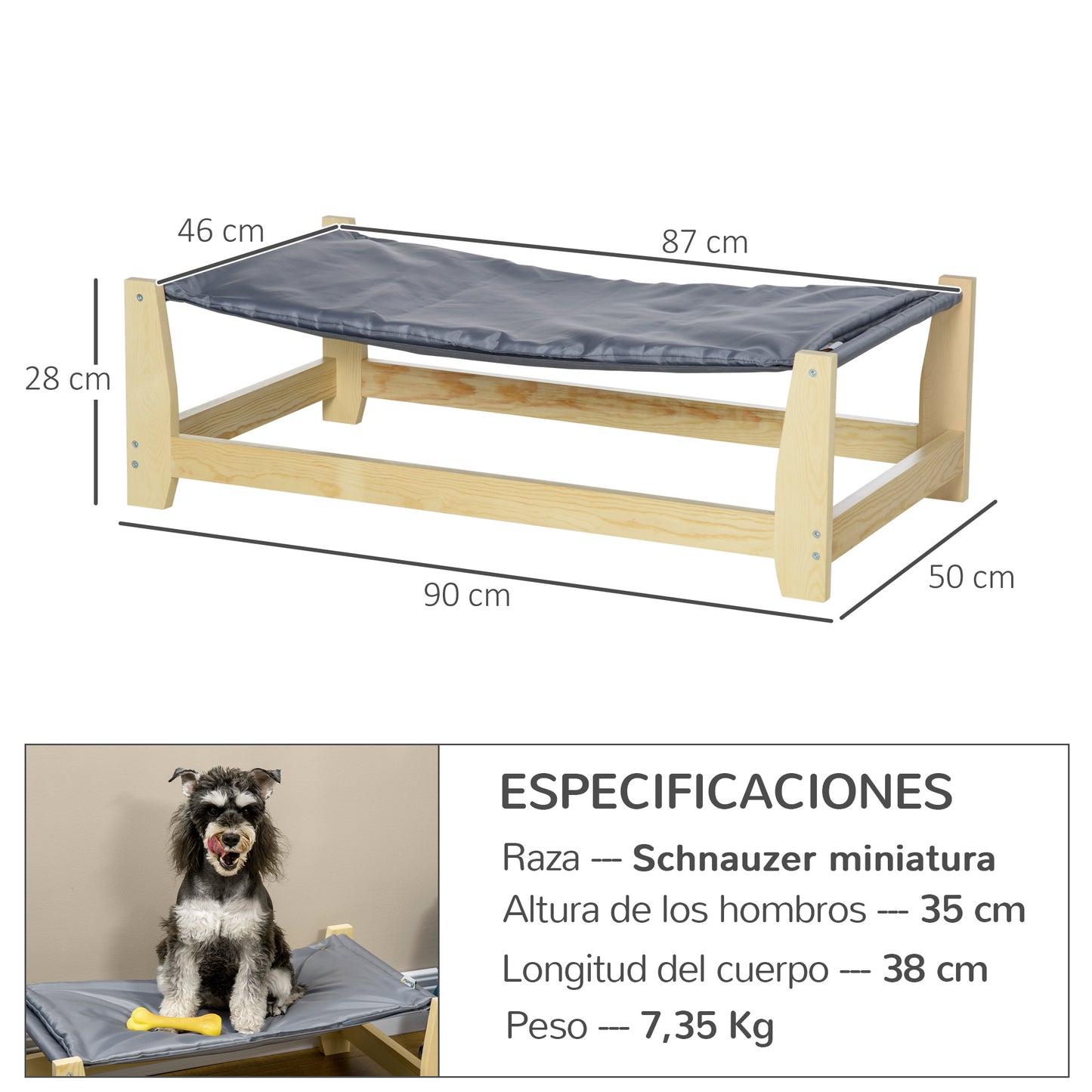 PawHut Cama Elevada para Perros Cama para Mascotas Medianas y Pequeños con Cojín Lavable Tela Oxford y Marco de Madera Carga 15 kg para Interior y Exterior 90x50x28 cm Gris