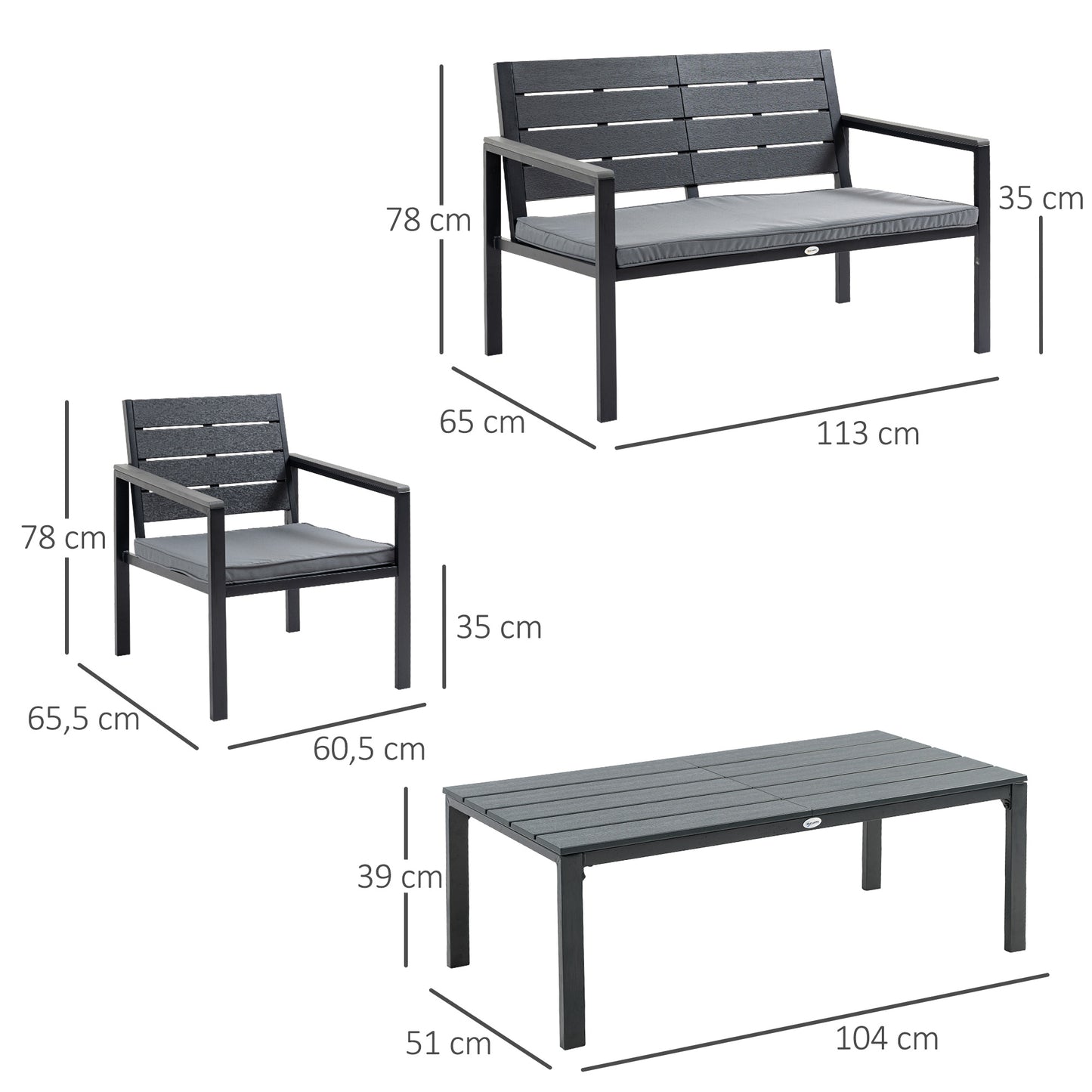 Outsunny Conjunto de Muebles de Jardín 4 Piezas Mesa de Centro Banco de 2 Plazas y 2 Sillas con Cojines Desenfundables y Marco de Metal HDPE para Terraza Exterior 113x65x78 cm Gris