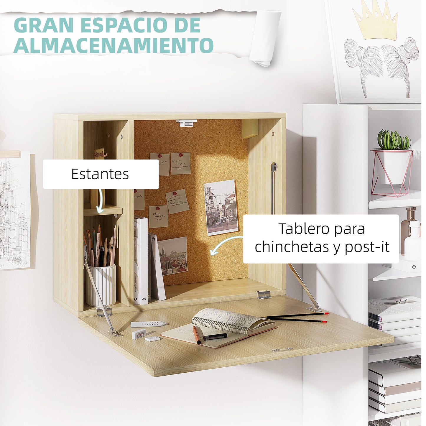 HOMCOM Mesa Plegable de Pared Moderno Escritorio Flotante Multifuncional con Estante de Almacenamiento Carga 40 kg para Dormitorio Salón Oficina 60x20x50 cm Roble