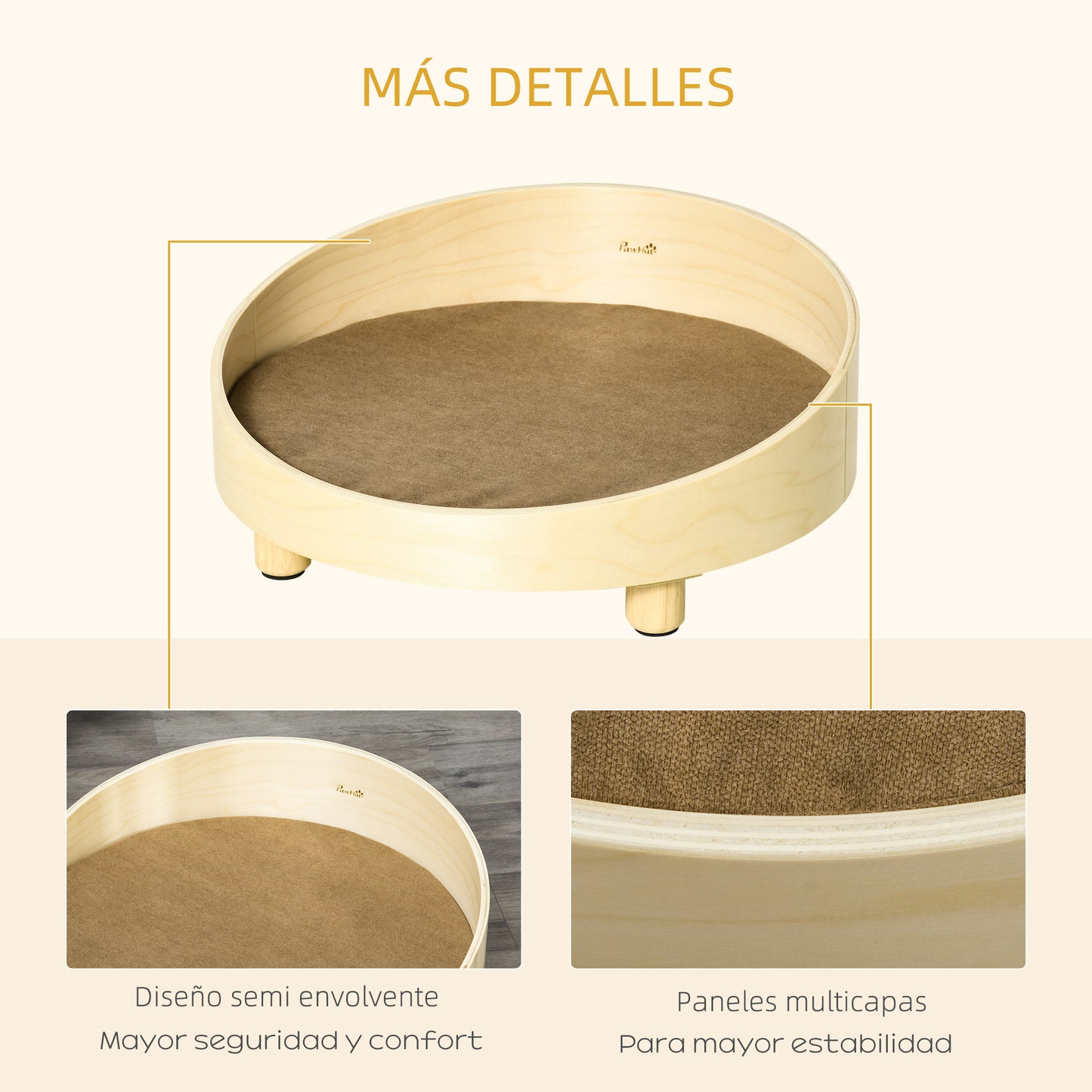 PawHut Cama de Madera para Perros Gatos Sofá Redondo para Mascotas Pequeñas con Cojín Acolchado y Patas Ø59x23,5 cm Natural