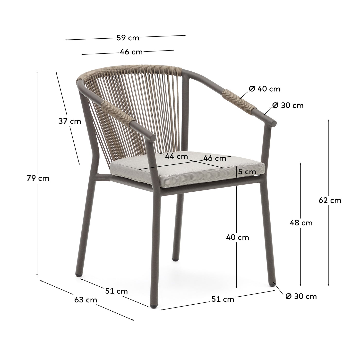 Silla de exterior apilable Xelida de alumino y cuerda marrón