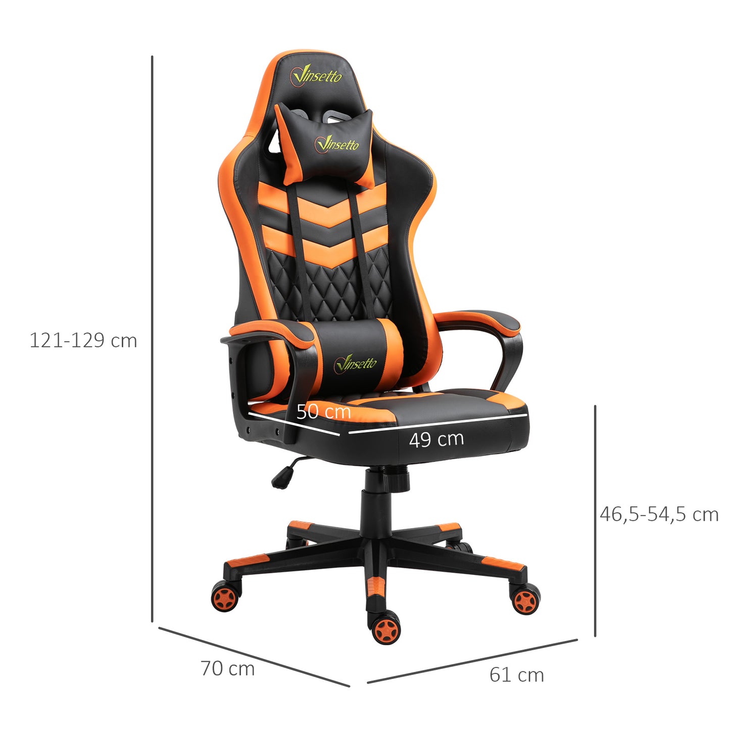 Vinsetto Silla Gaming Silla Gamer Basculante con Altura Ajustable Giratoria Reposacabezas y Lumbar Desmontable Silla de Oficina Estudio Naranja