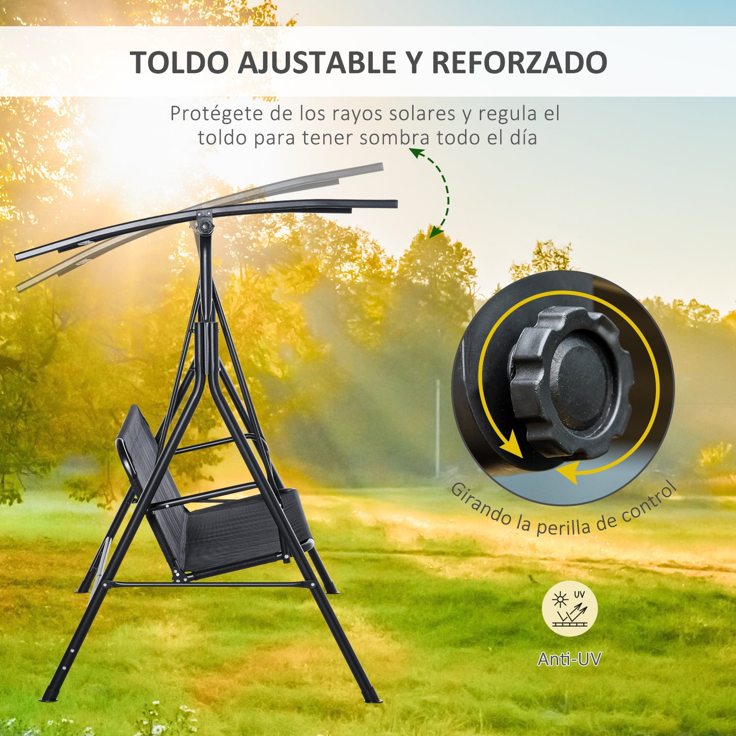 Outsunny Columpio de Jardín de Exterior de 2 Plazas Silla Balancín con Parasol Techo Ajustable en Ángulo Terraza Balcón Exterior Carga 200 kg 172x110x155 cm Negro