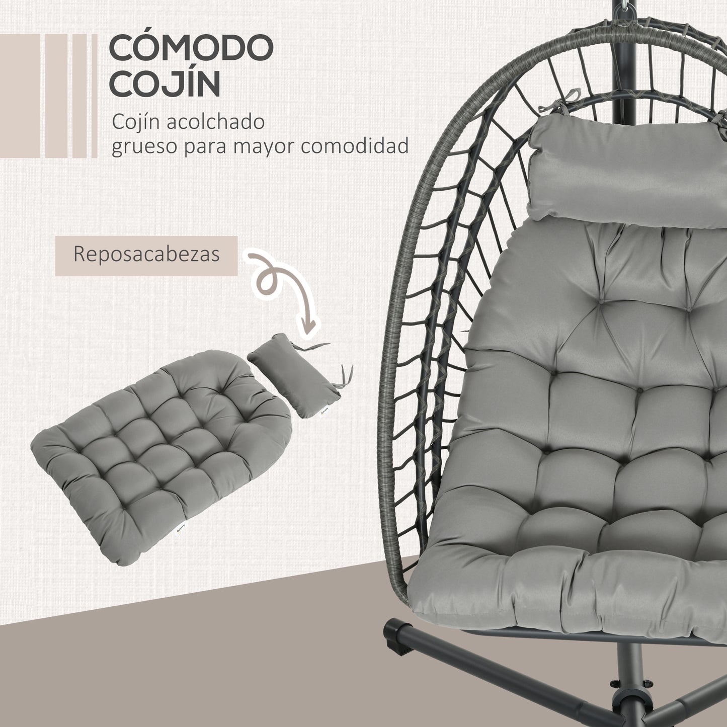 Outsunny Silla Colgante de Ratán Sillón Colgante Plegable con Cojín Reposacabezas y Marco de Acero Carga 100 kg para Interior y Exterior Gris Oscuro