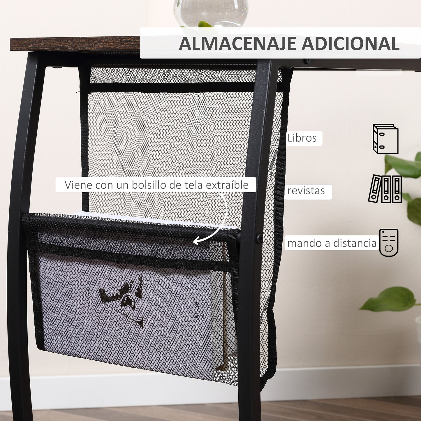 HOMCOM Mesa Auxiliar para Sofá y Cama Mesita Auxiliar Pequeña en Forma de C con Bolsillo de Almacenaje Estilo Industrial para Salón 53x35x64,5 cm Marrón Rústico