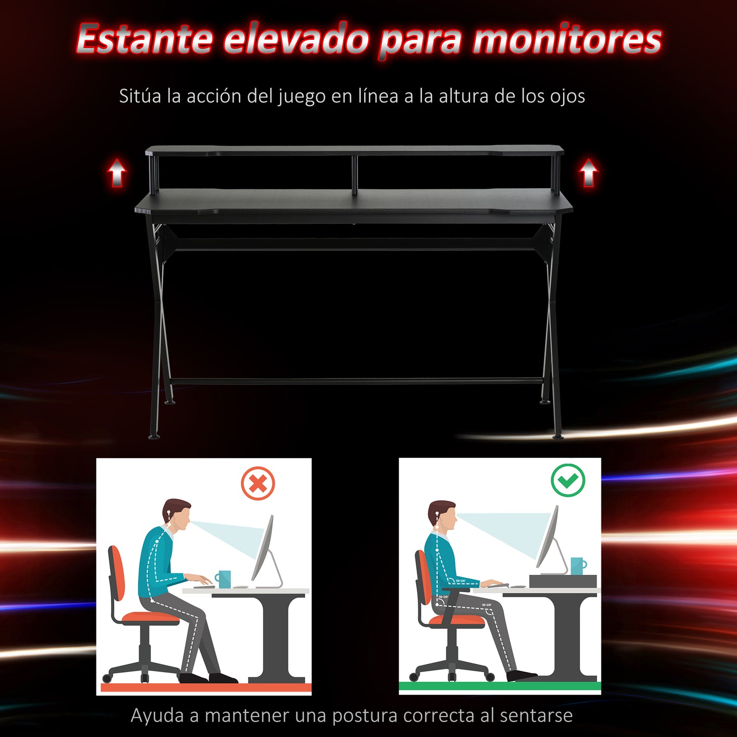 HOMCOM Mesa Gaming 140x60 cm Escritorio para Computadora PC con Estante Elevado para Monitor Gancho para Auriculares Marco de Metal para Oficina en Casa Estudio Negro