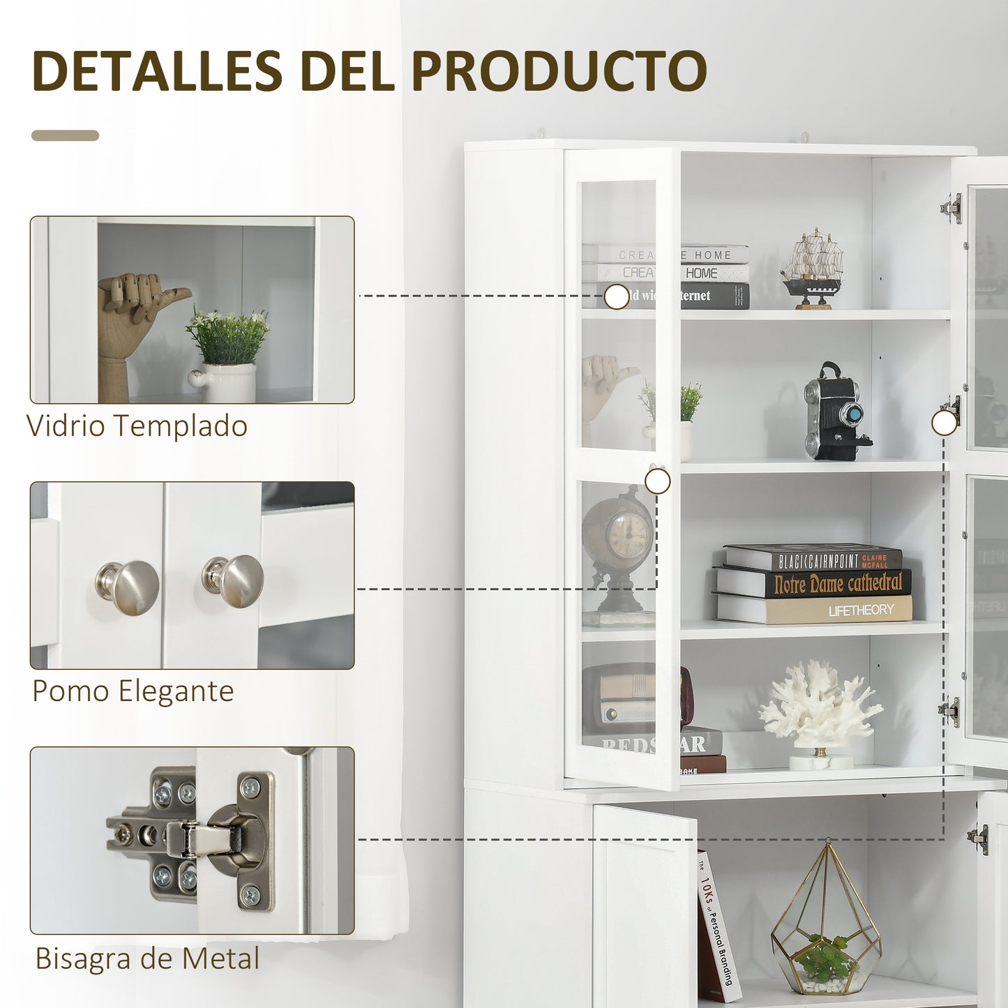 HOMCOM Vitrina Armario de Libros con 4 Puertas y Estantes Ajustables Estilo Moderno Armario de Cocina para Salón Cocina Oficina Dormitorio 76x40x178,5 cm Blanco