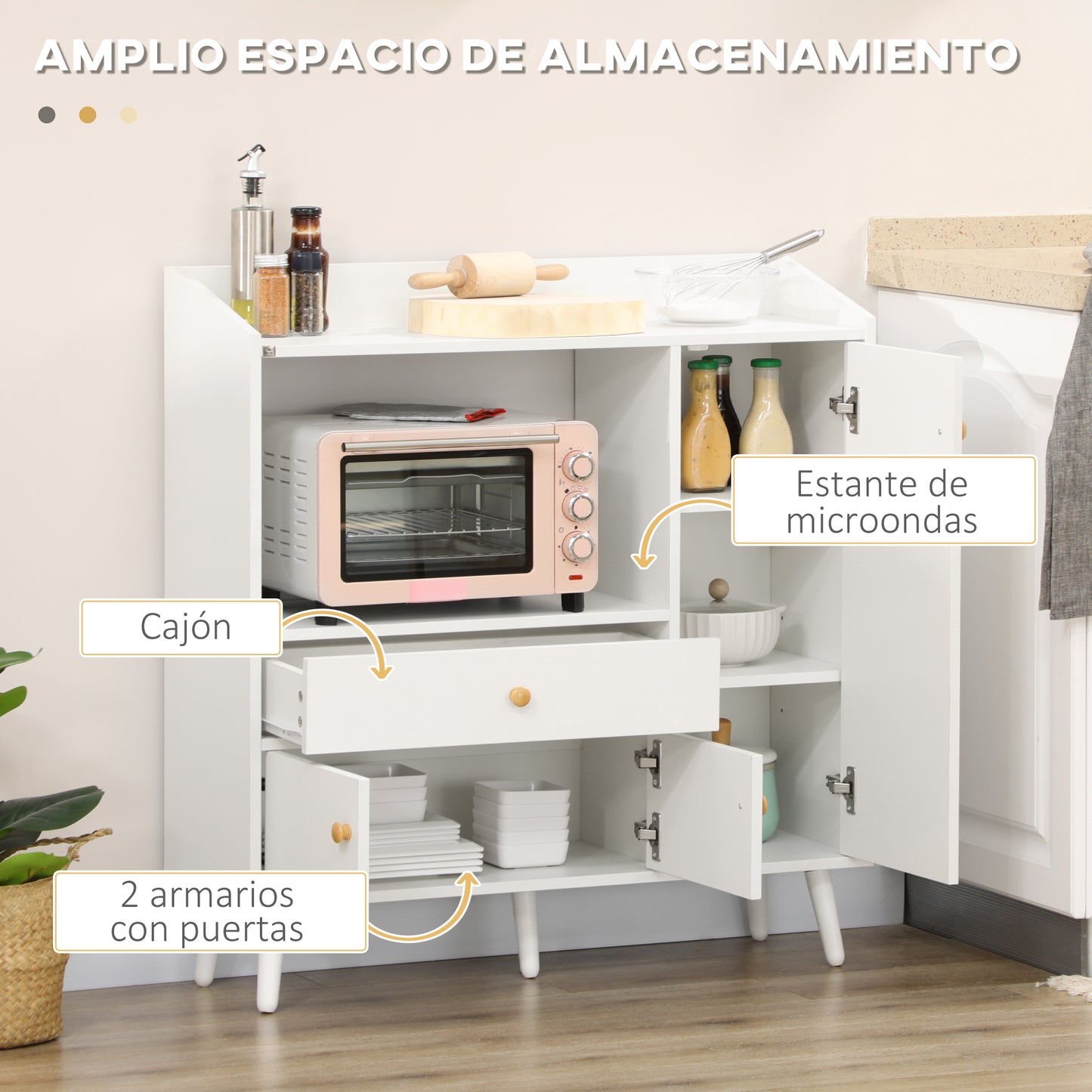 HOMCOM Aparador de Cocina para Microondas Armario Bajo de Cocina Mueble Auxiliar de Comedor con 3 Puertas Cajón y Compartimientos 90x30x94 cm Blanco