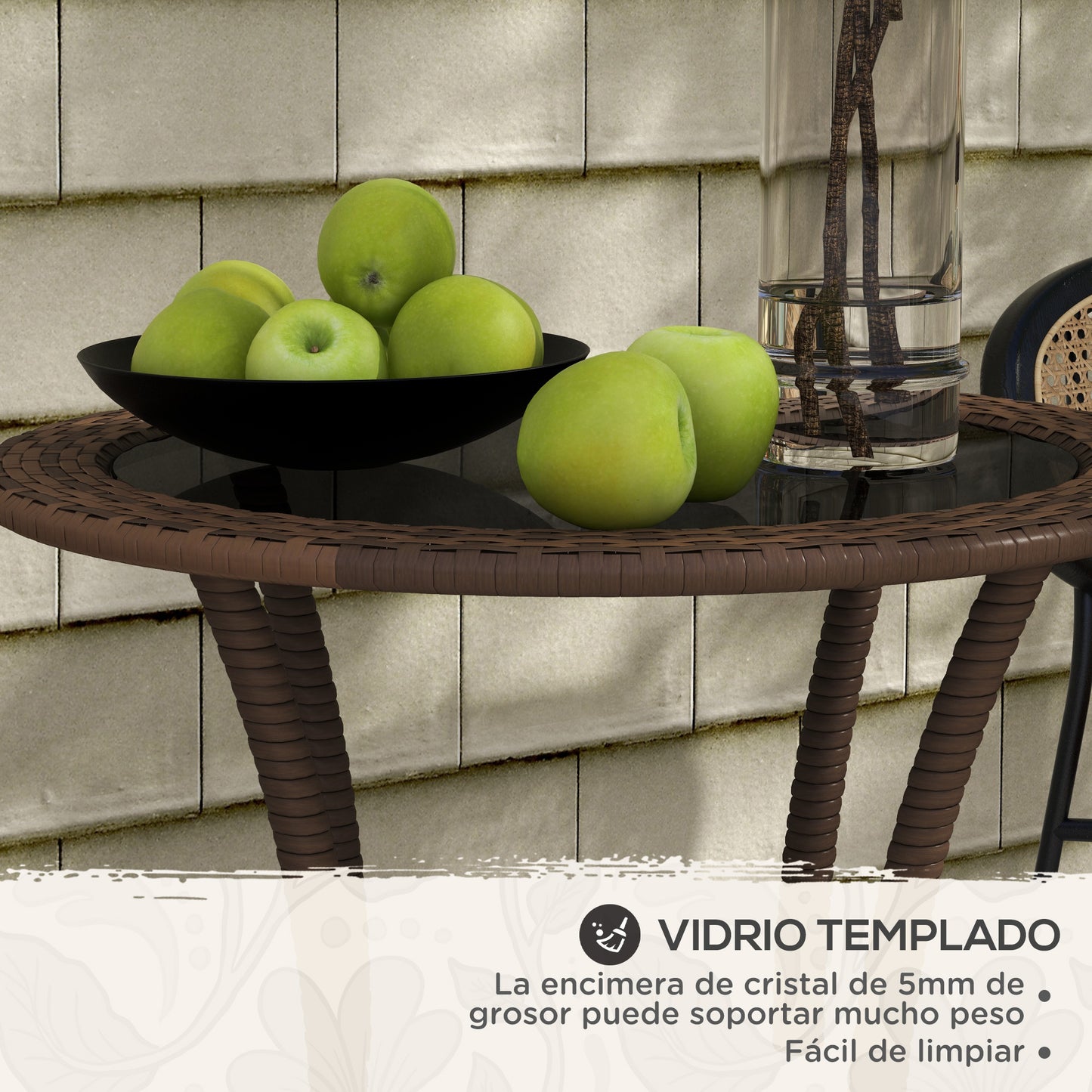 Outsunny Mesa de Ratán Redonda Ø64x71 cm Mesa de Jardín con Estante Marco de Acero y Tablero de Vidrio Carga 50 kg para Terraza Patio Marrón