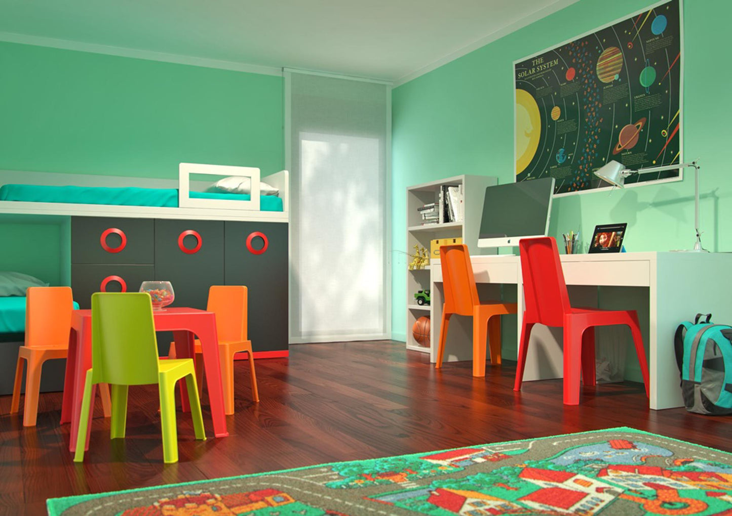Garbar julieta set 4+1 infantil silla-mesa interior, exterior azul cielo/rosa/rojo/naranja/verde lima
