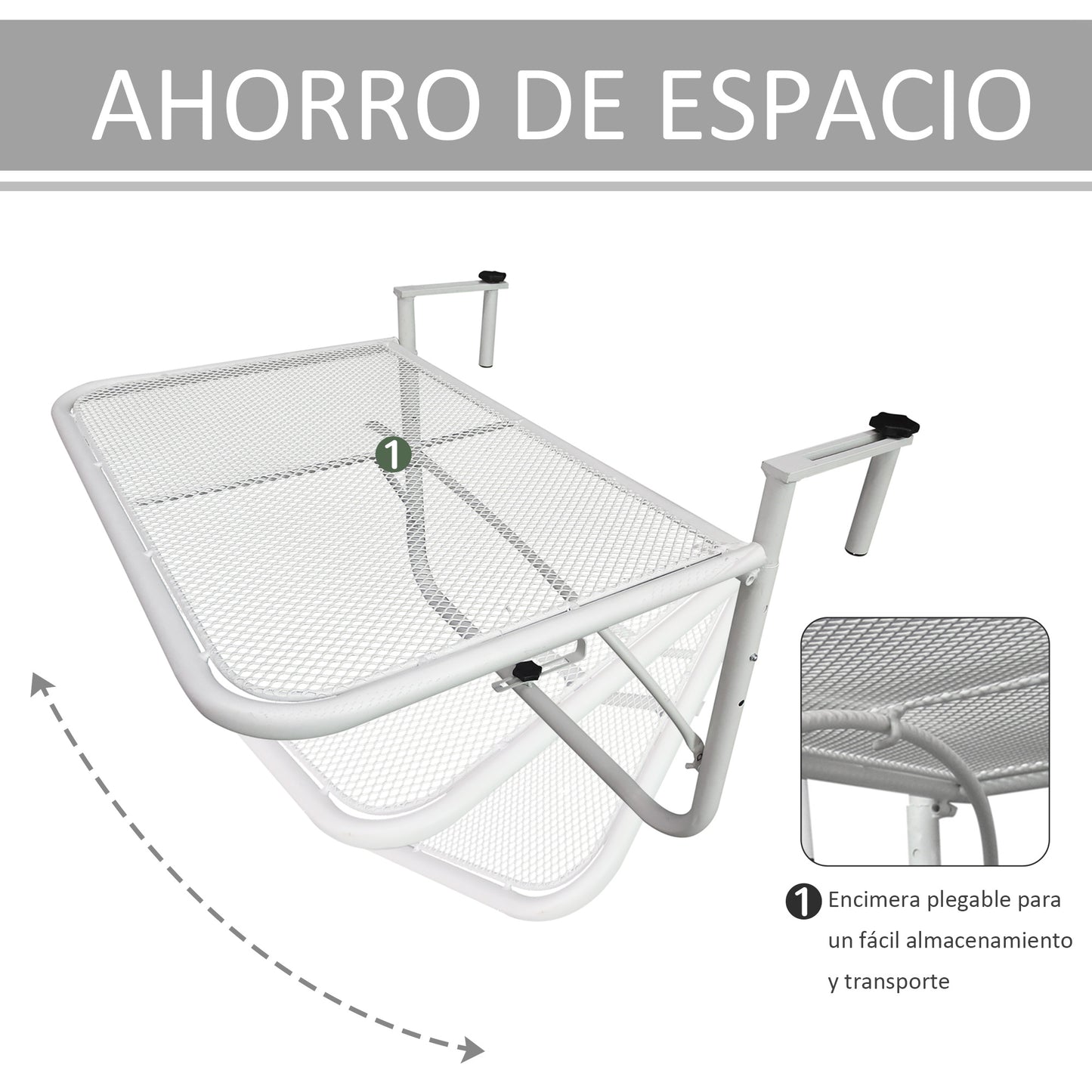 Outsunny Mesa Colgante de Balcón con Brazo Regulable y Altura Ajustable en 3 Posiciones Marco Metálico Carga Máx. 30 kg 60x56,5x45 cm Blanco