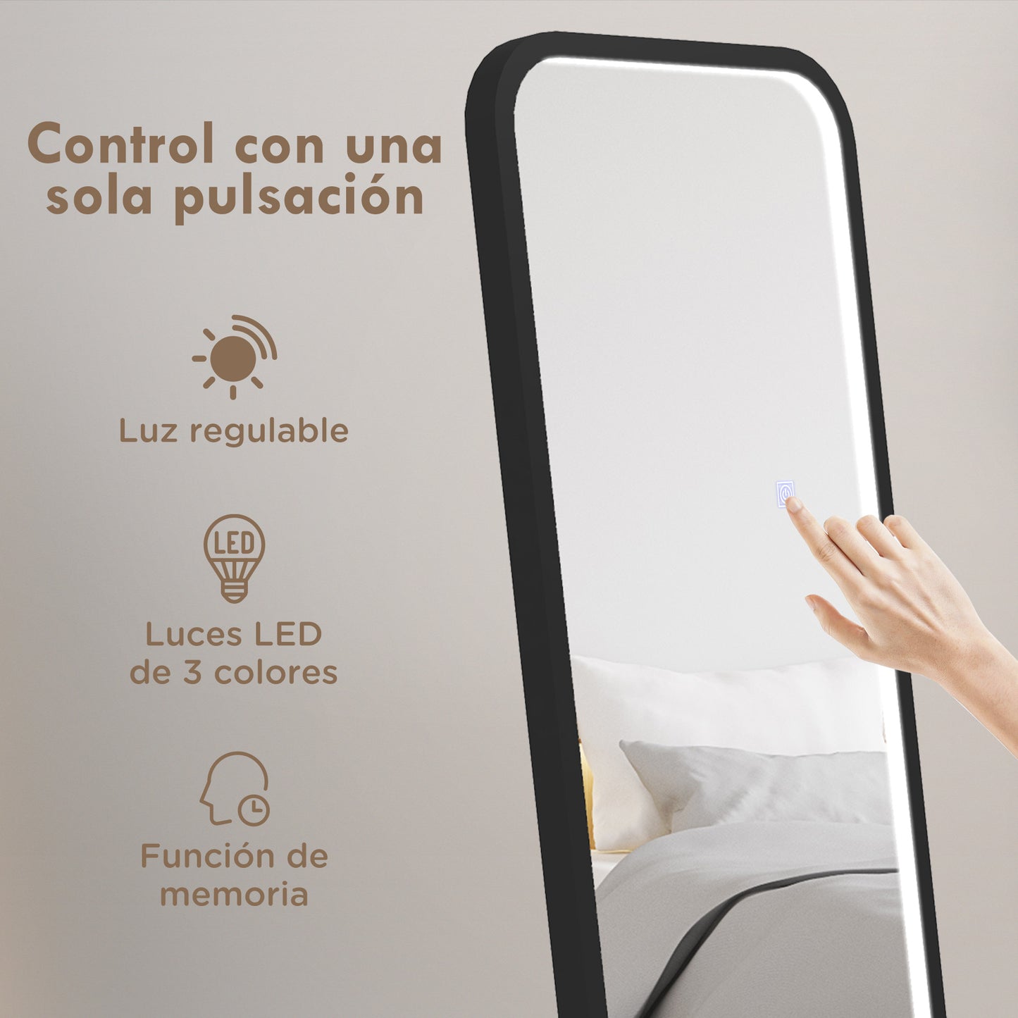 HOMCOM Espejo de Cuerpo Entero con Luces LED Espejo de Pie 151,5x50 cm Independiente o Pared con Iluminación Ajustable de 3 Colores Función de Memoria para Dormitorio