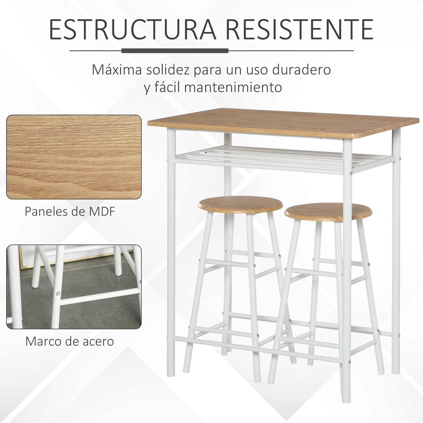 HOMCOM Juego de Mueble de Bar Set de Mesa Alta y 2 Taburetes con Estante de Almacenamiento y Marco de Metal para Cocina Comedor 80x50x90 cm Blanco