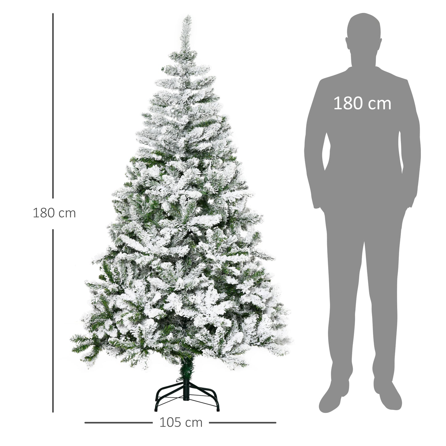 HOMCOM Árbol de Navidad Artificial 180 cm con Nieve Ignífugo con 750 Ramas Hojas de PVC Apertura Automática Base Plegable y Soporte Metálico Decoración Navideña para Interiores Verde