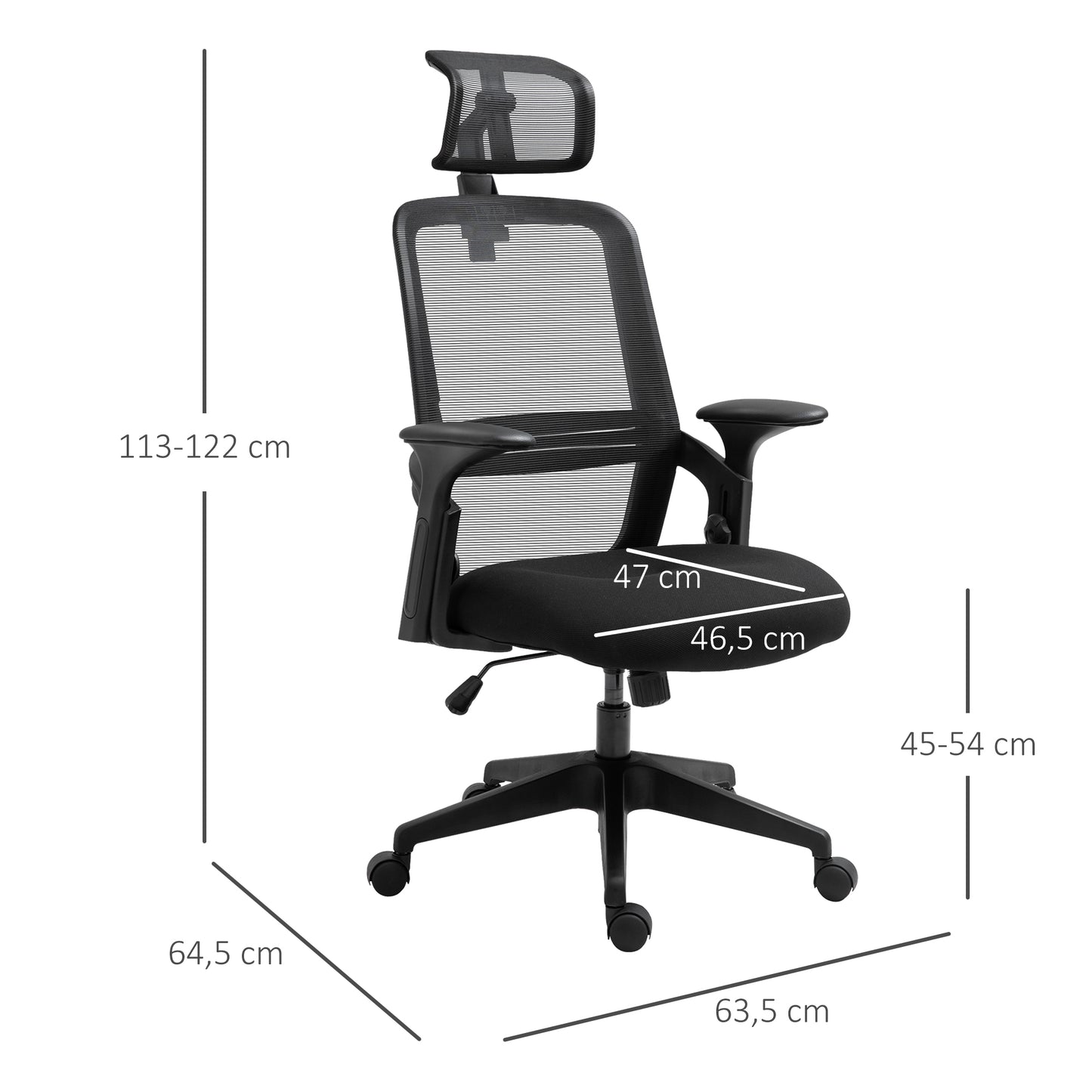 Vinsetto Silla de Oficina Ergonómica Silla de Malla con Altura Ajustable Reposacabezas Soporte Lumbar Regulables y Respaldo Transpirable 63,5x64,5x113-122 cm Negro