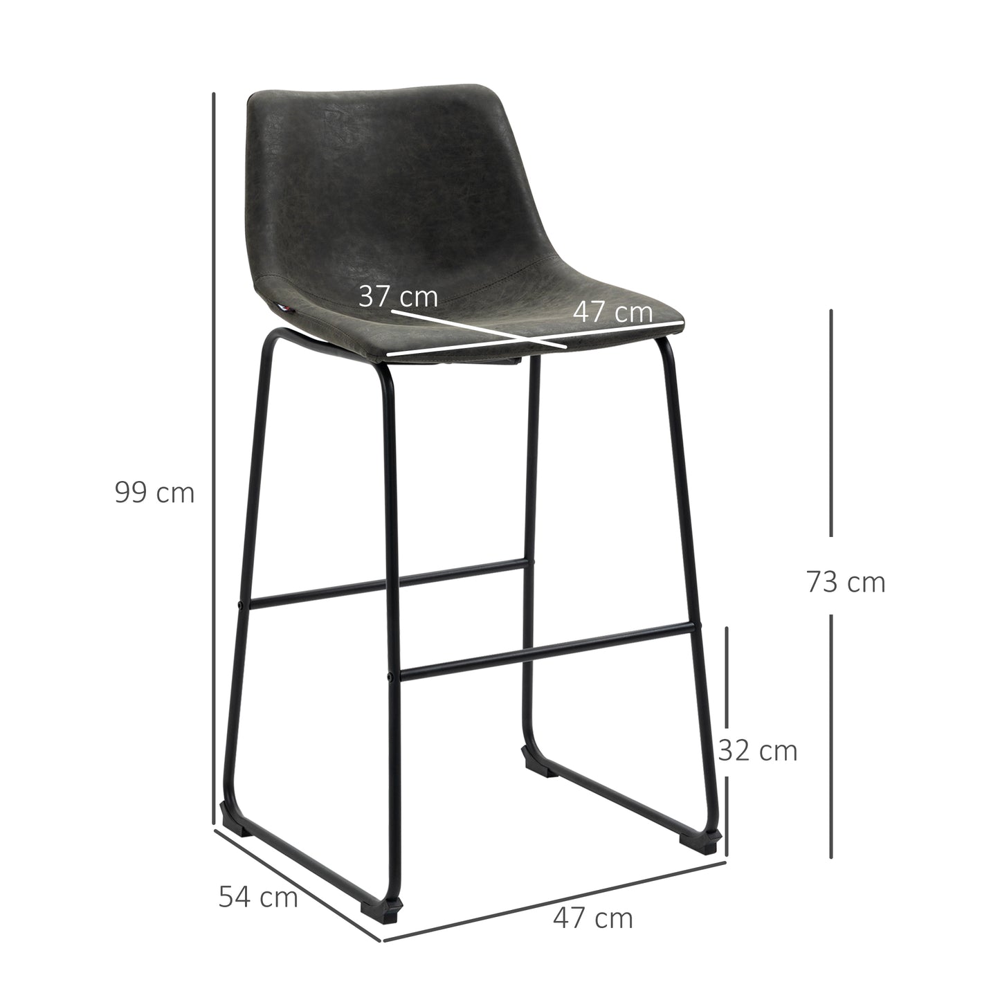 HOMCOM 2 Taburetes Altos de Cocina Tapizado en PU Taburetes de Bar con Respaldo Patas de Acero y Reposapiés para Comedor Carga 110 kg 47x54x99 cm Gris Oscuro