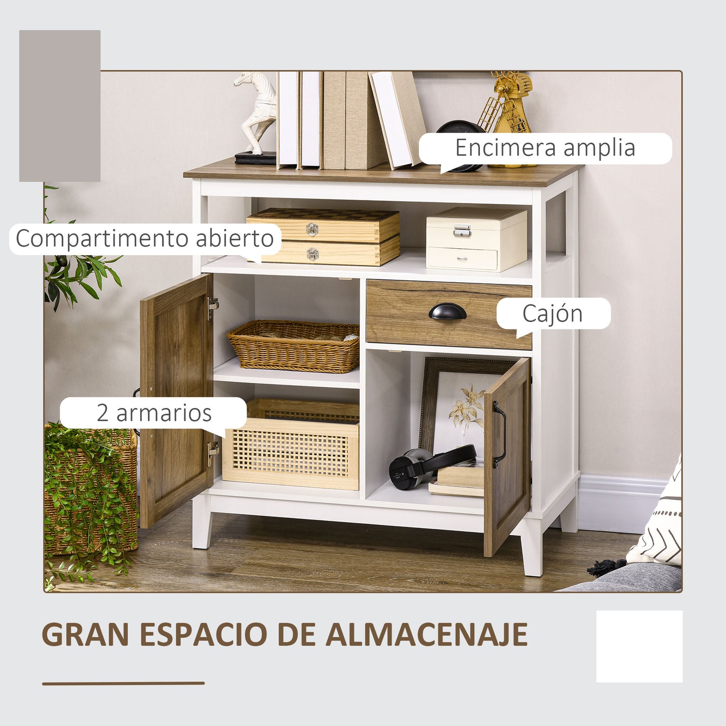 HOMCOM Aparador de Salón Armario Almacenaje de Madera con 2 Puertas Cajón y Estante Ajustable para Comedor Cocina Dormitorio 76,6x35x81,5 cm Blanco y Marrón