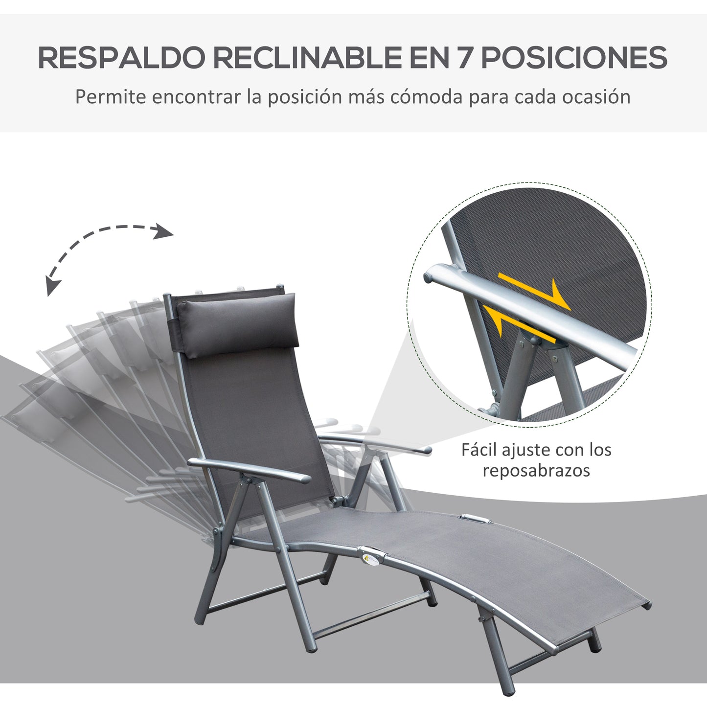 Outsunny Tumbona Plegable Tumbona de Jardín con Respaldo Ajustable en 7 Niveles Almohada y Reposabrazos Carga 165 kg para Piscina Terraza Camping 137x63,5x100,5 cm Gris