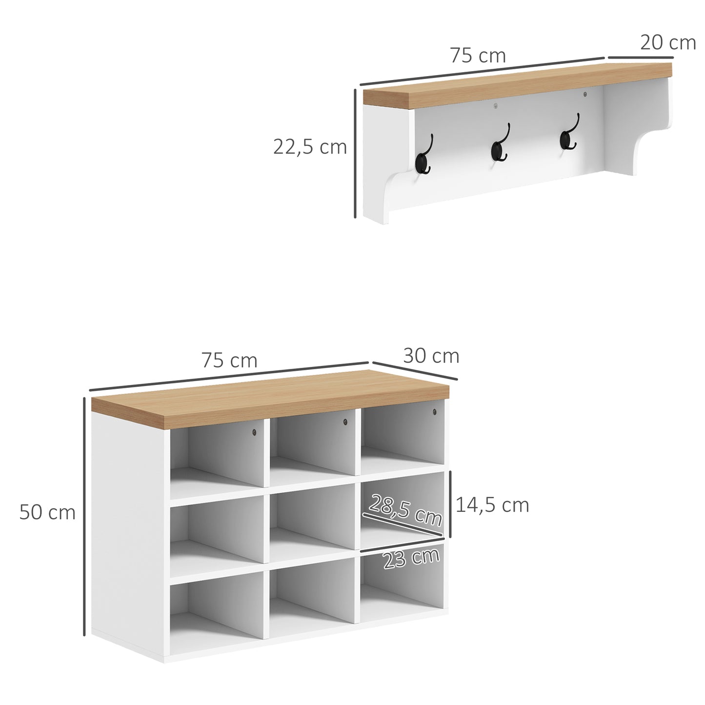 HOMCOM Recibidor con Perchero y Banco Zapatero 2 en 1 Muebles de Entrada con 3 Ganchos y Estantes para 9 Pares de Zapatos 75x30x50 cm y 75x20x22,5 cm Blanco