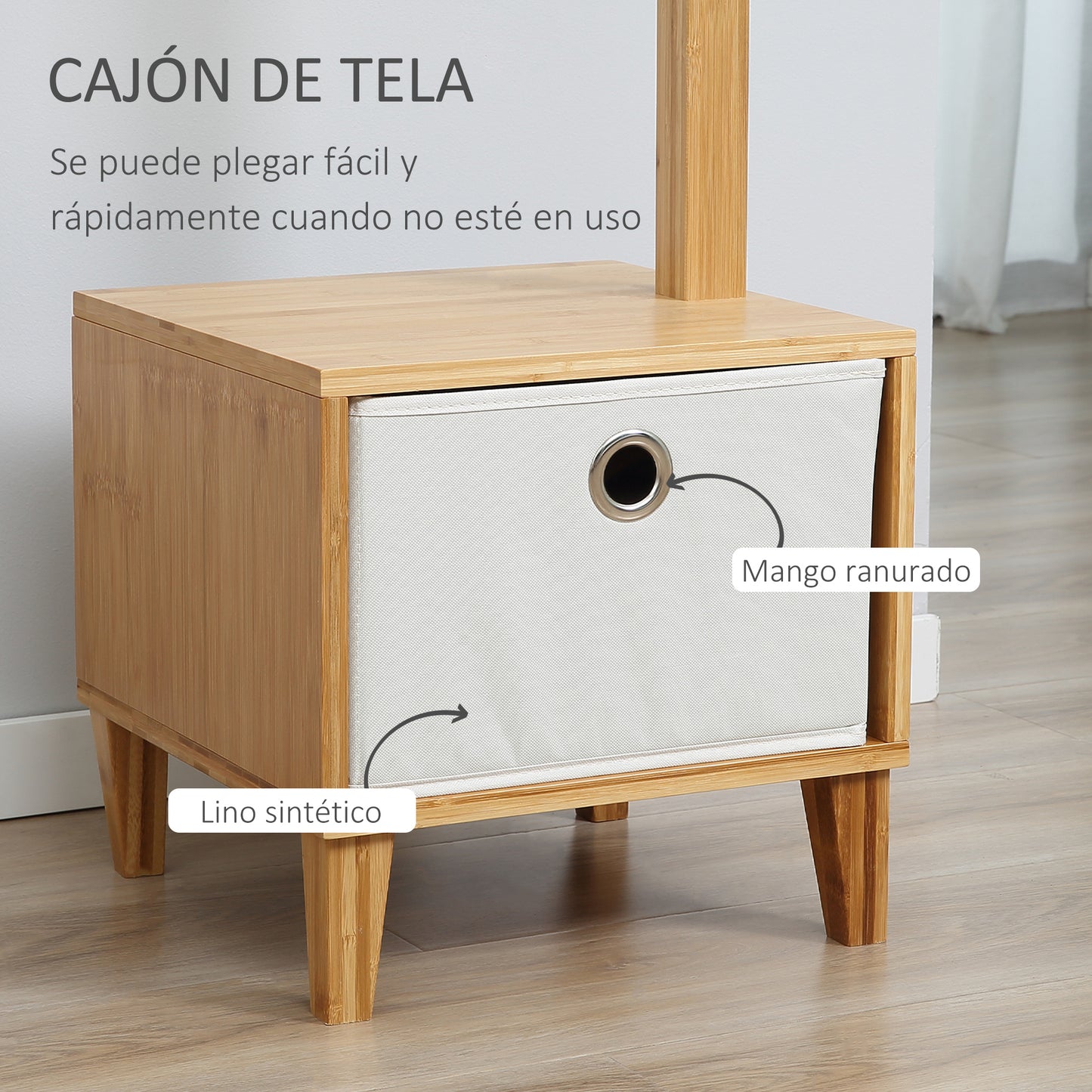 HOMCOM Perchero de Pie de Bambú Perchero con Banco Tipo de Árbol Cajón de Tela y 8 Ganchos para Colgar Ropa Bolsas Bombreros para Entrada Salón Pasillo 35x35x177 cm Natural