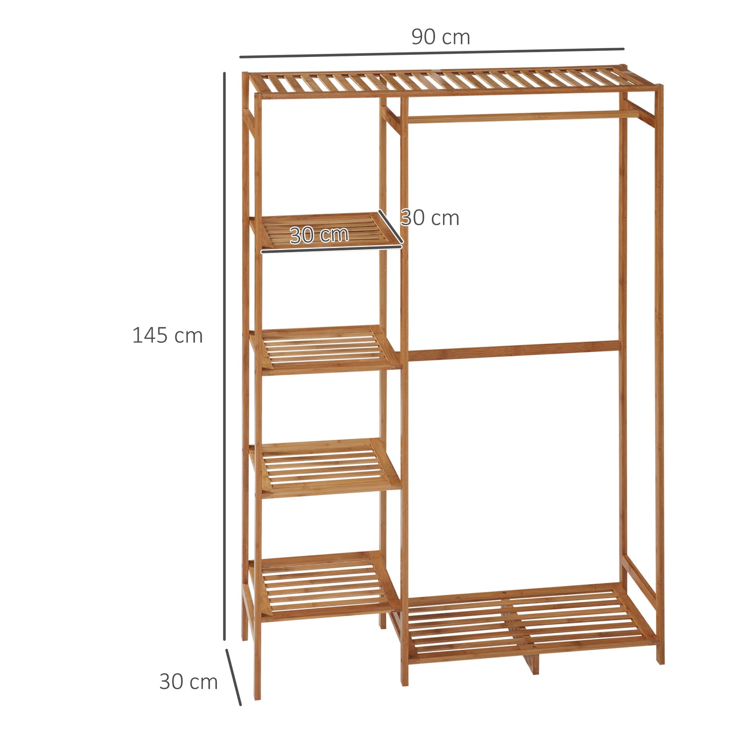 HOMCOM Perchero de Pie de Bambú Perchero para Ropa con Estante de Almacenamiento de 6 Niveles y Varilla Colgante para Salón Dormitorio Entrada 90x30x145 cm Natural