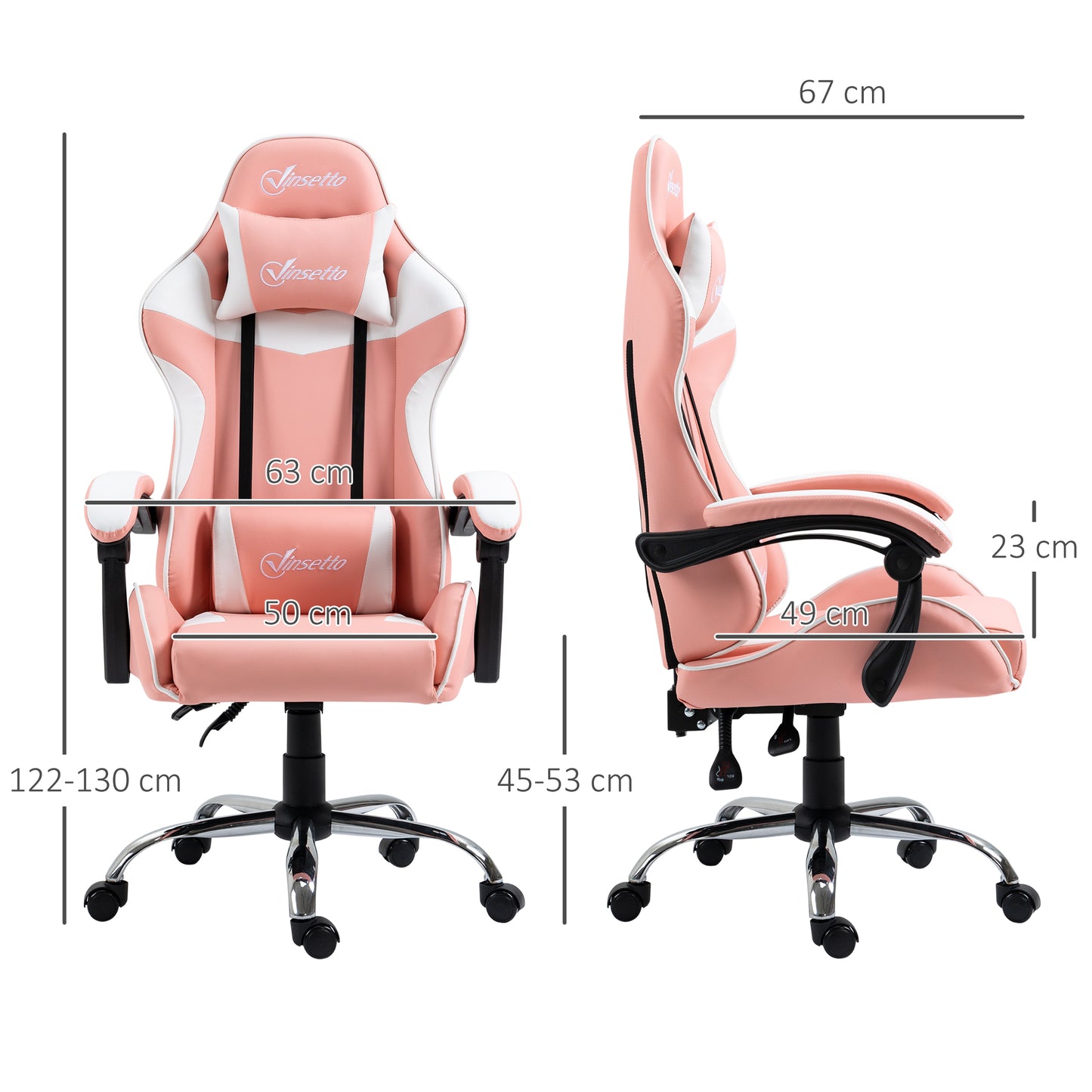 Vinsetto Silla Gaming Silla Gamer Racing Giratoria con Altura Ajustable Reclinable de 135° Reposacabezas y Cojín Lumbar para Oficina Estudio 63x67x122-130 cm Rosa