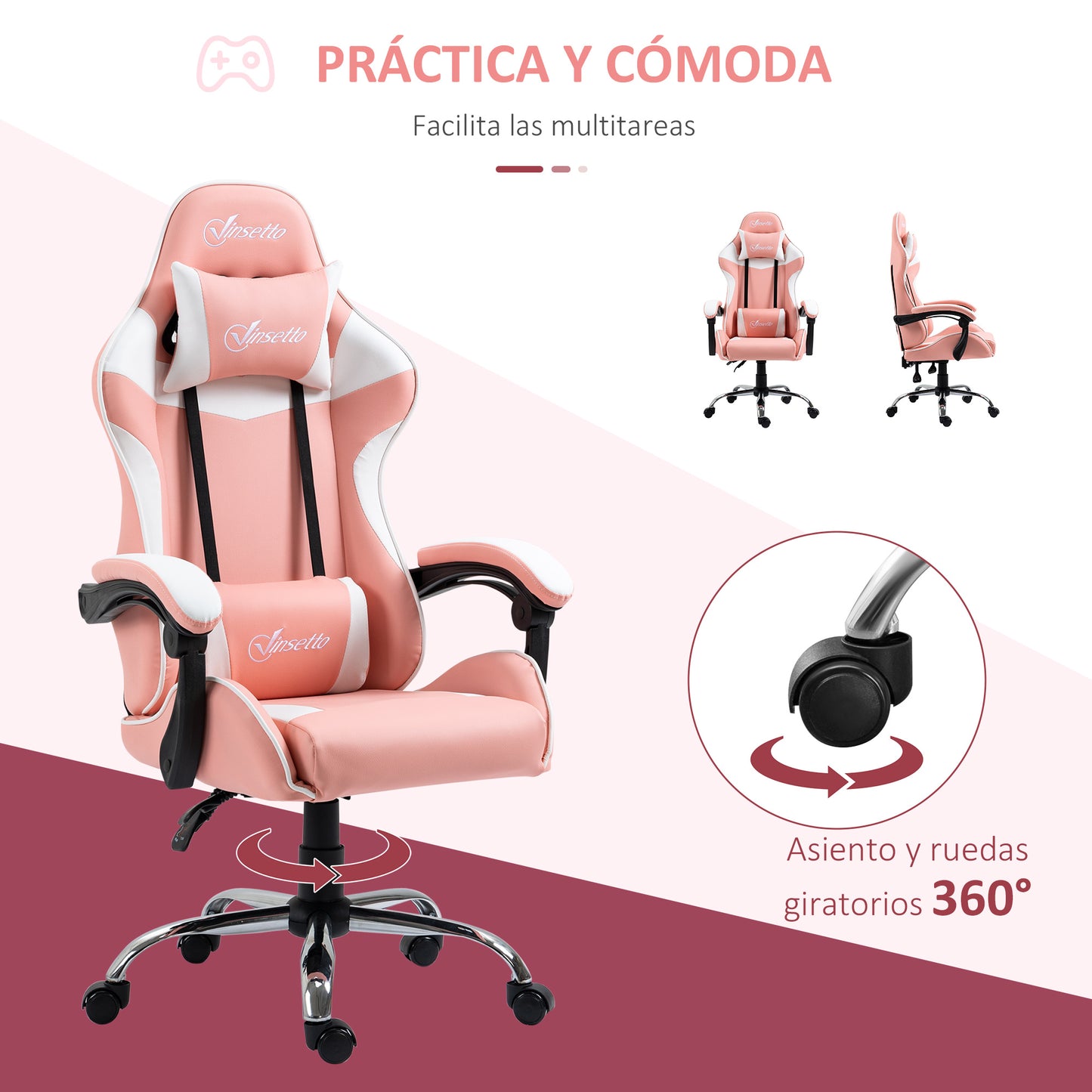 Vinsetto Silla Gaming Silla Gamer Racing Giratoria con Altura Ajustable Reclinable de 135° Reposacabezas y Cojín Lumbar para Oficina Estudio 63x67x122-130 cm Rosa