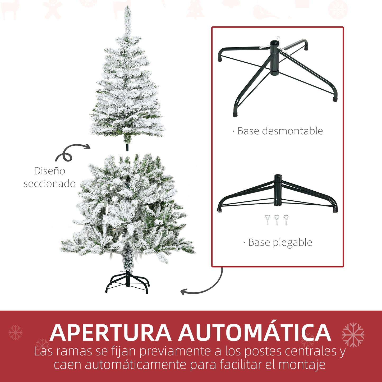 HOMCOM Árbol de Navidad Artificial 150 cm con Nieve Ignífugo con 358 Ramas Apertura Automática Base Plegable y Soporte Metálico Decoración Navideña para Interiores Verde