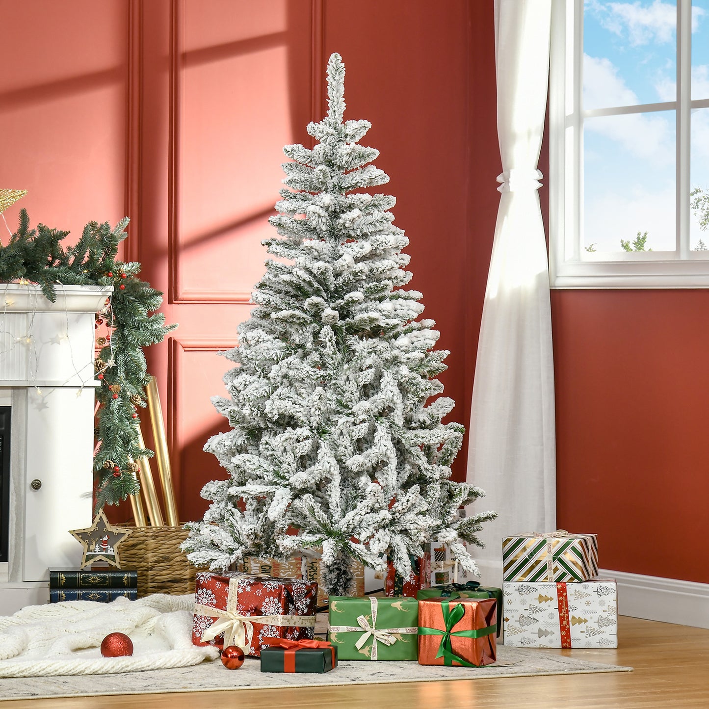 HOMCOM Árbol de Navidad Artificial 150 cm con Nieve Ignífugo con 358 Ramas Apertura Automática Base Plegable y Soporte Metálico Decoración Navideña para Interiores Verde