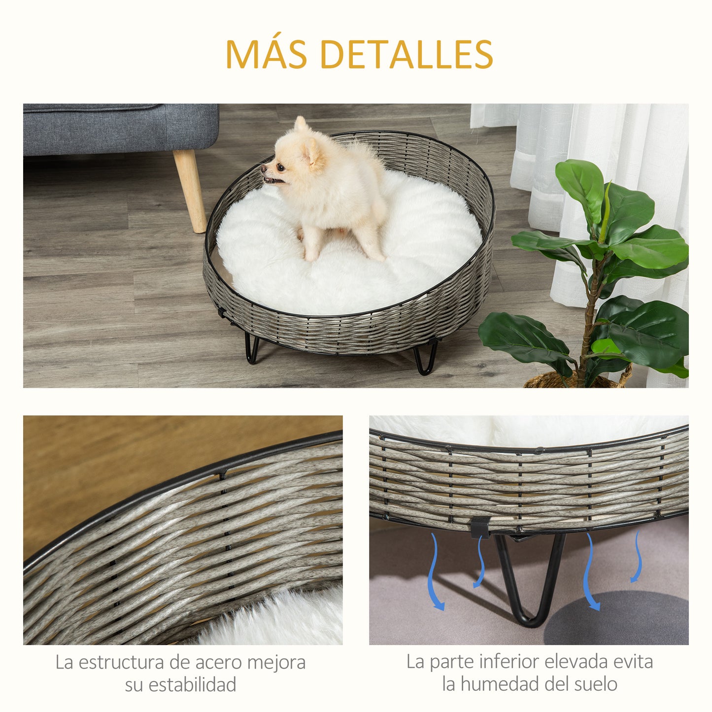 PawHut Cama para Perros Gatos de Mimbre Redonda Cesta Ratán para Mascotas Pequeños con Cojín Lavable y Patas Elevadas de Acero Ø60x32 cm Gris y Blanco