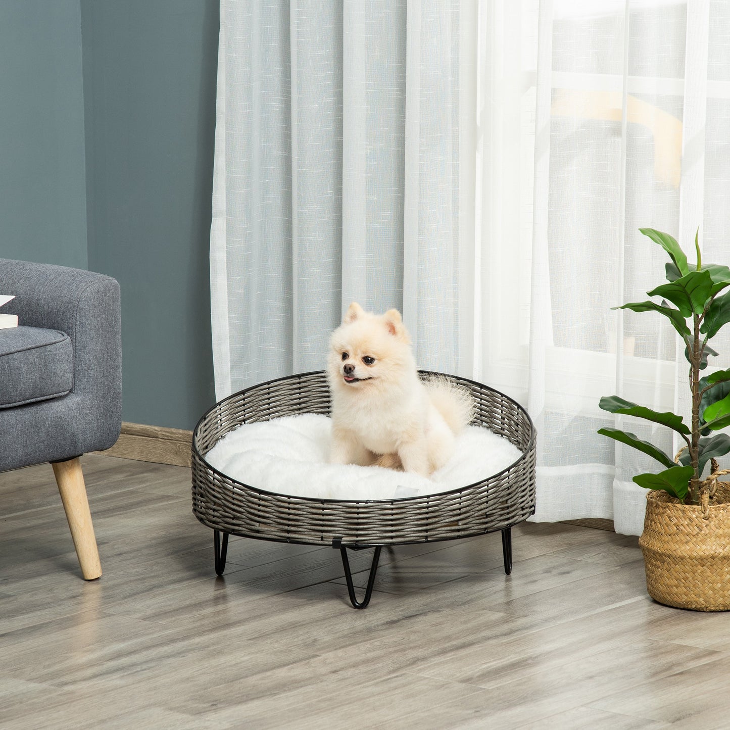 PawHut Cama para Perros Gatos de Mimbre Redonda Cesta Ratán para Mascotas Pequeños con Cojín Lavable y Patas Elevadas de Acero Ø60x32 cm Gris y Blanco