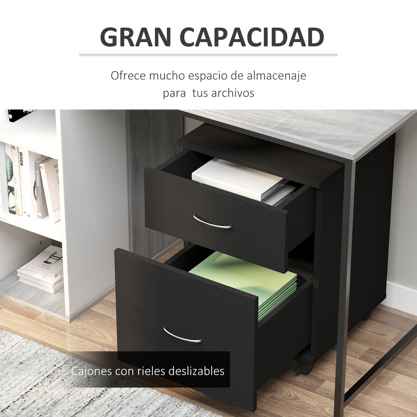 HOMCOM Cajonera de Oficina y Hogar tipo Archivador de Madera Móvil con Ruedas y 2 Cajones 41x39x58cm Negro