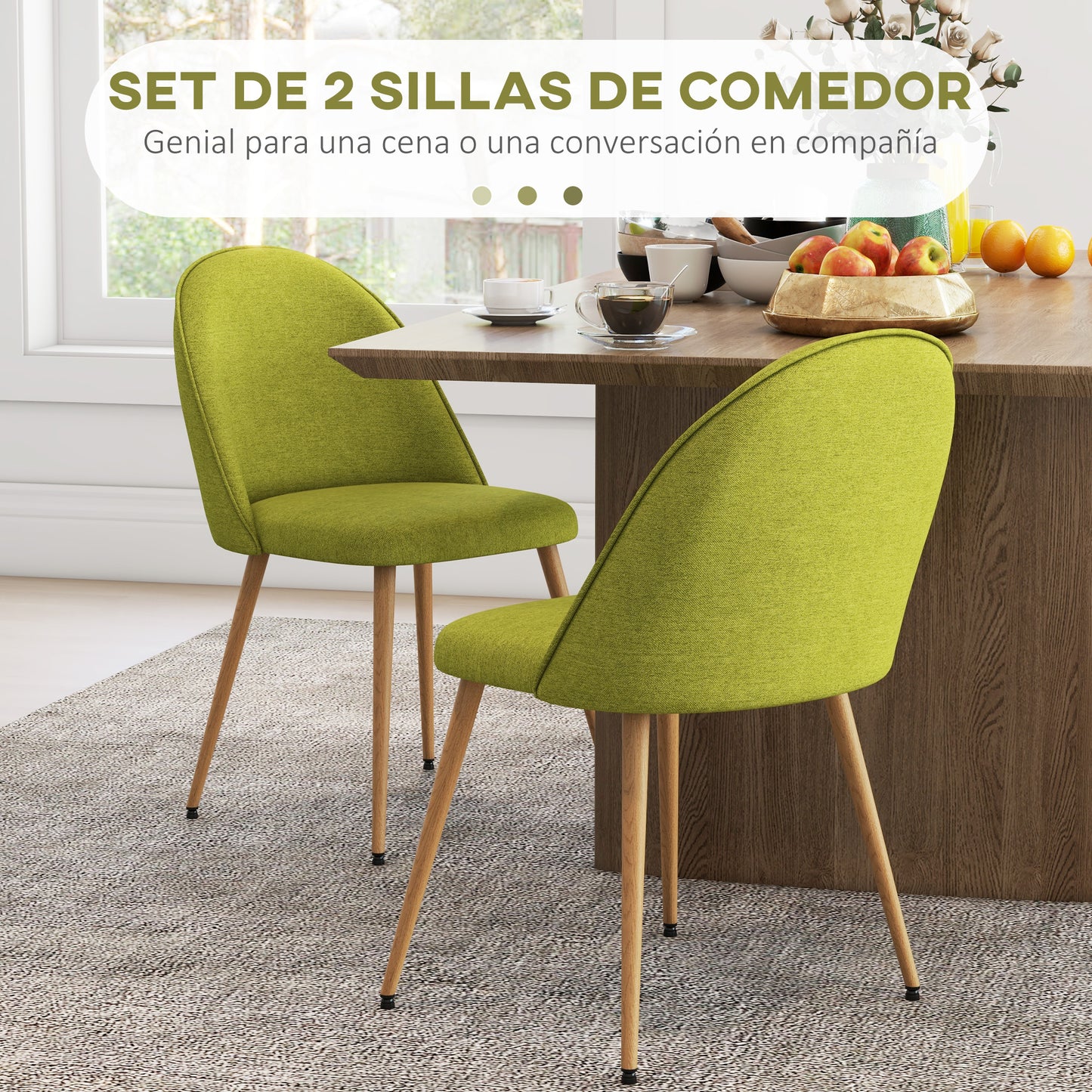 HOMCOM Pack de 2 Sillas de Comedor Sillas de Cocina Tapizadas de Tela de Lino con Patas de Acero para Salón Dormitorio Carga 120 kg 50x52x83 cm Verde