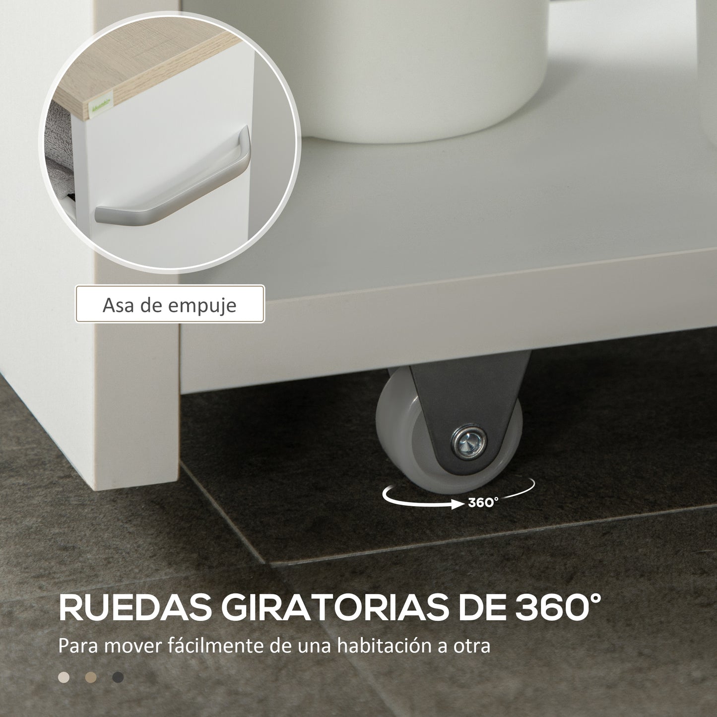 kleankin Estantería de Almacenamiento de Baño de 3 Niveles Estantería Estrecha con Asa Lateral Estante con Ruedas para Cocina Salón Estilo Moderno 48x15x80 cm Blanco