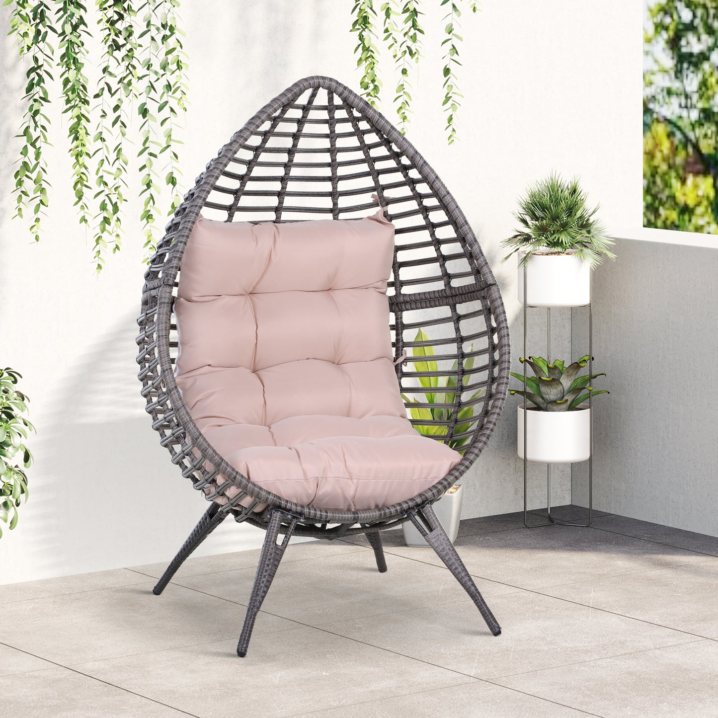 Outsunny Sillón de Ratán Balcón en Forma de Lágrima Sillón de Jardín con Cojín Acolchado de Algodón PP Estilo Moderno para Exterior e Interior Carga 160 kg 101x89x156 cm Gris y Beige