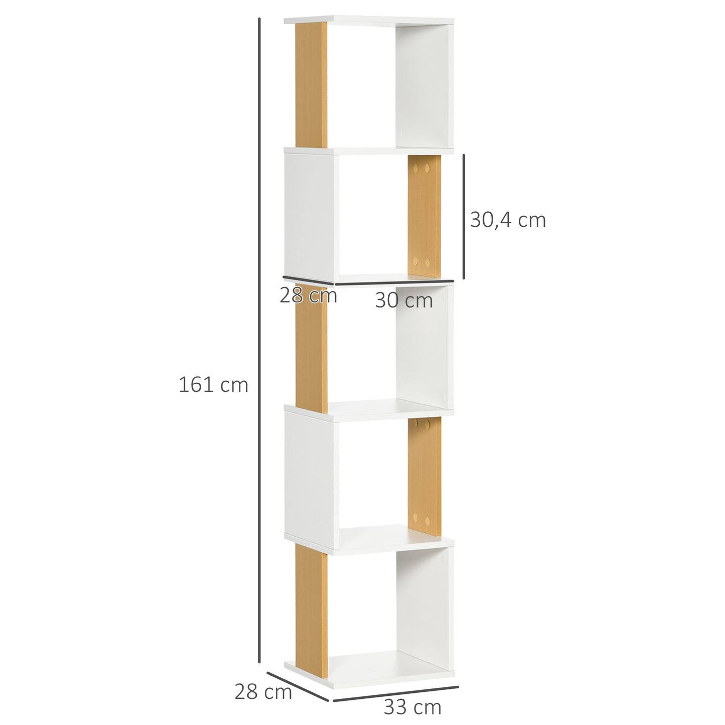 HOMCOM Estantería Librería en Forma S Estantería para Libros con 5 Estantes Abiertos para Salón Oficina Estudio Antivuelco Carga 100 kg 33x28x161 cm Blanco