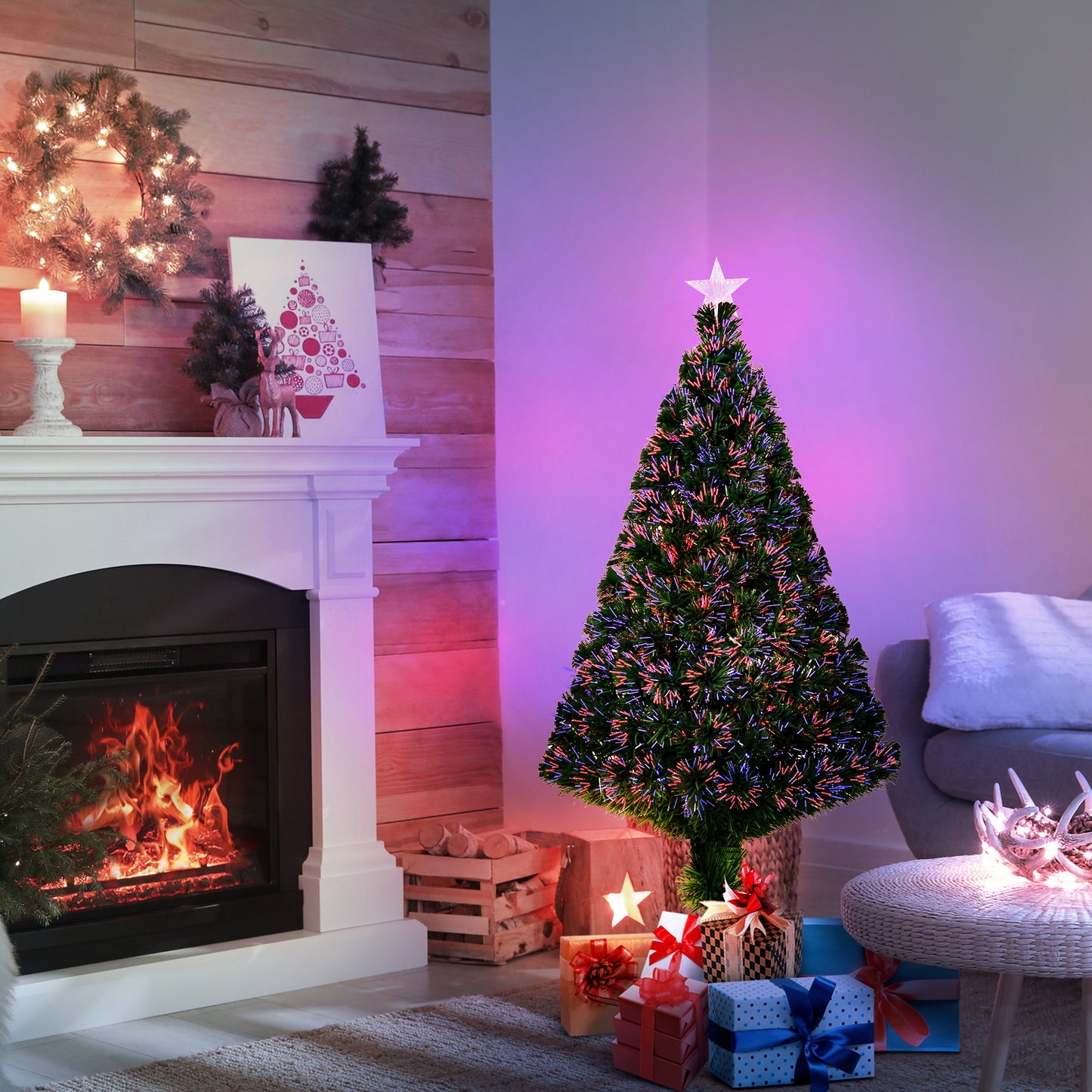 HOMCOM Árbol de Navidad 120cm Artificial Árboles de Abeto con Soporte Fibra Óptica Brillante Multicolor Ignífugo