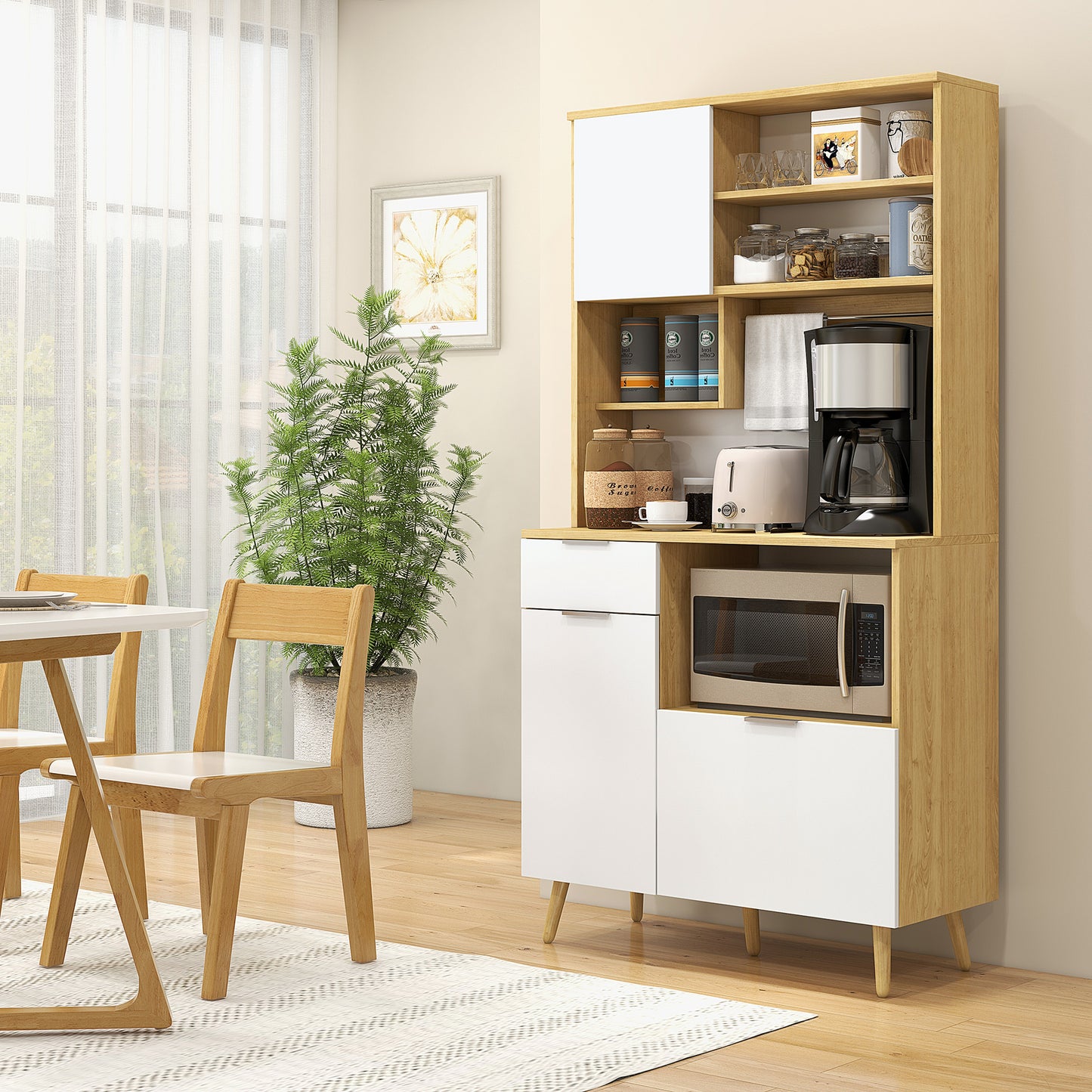 HOMCOM Alacena de Cocina Aparador Alto Mueble Auxiliar de Cocina con 3 Puertas Cajón Estante Ajustable Encimera para Microondas y Toallero 93x40x180 cm Natural y Blanco