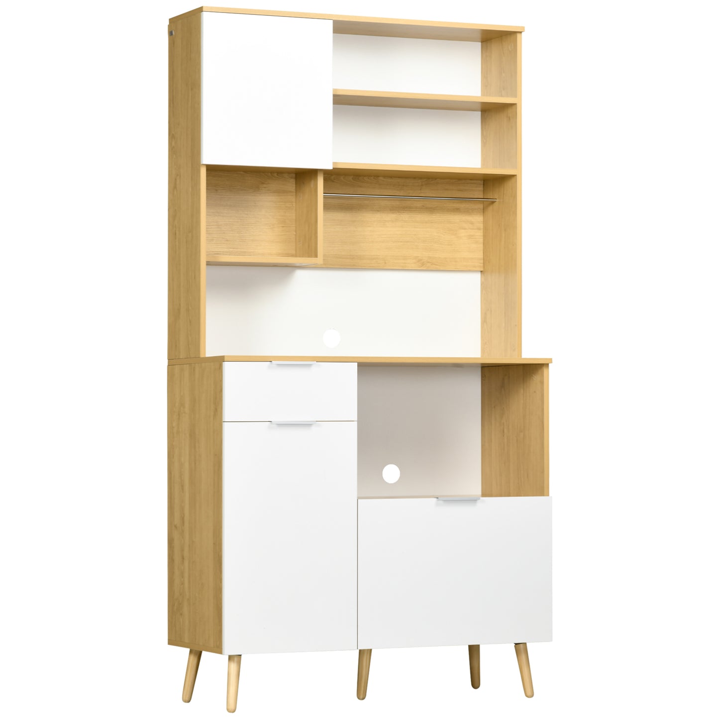 HOMCOM Alacena de Cocina Aparador Alto Mueble Auxiliar de Cocina con 3 Puertas Cajón Estante Ajustable Encimera para Microondas y Toallero 93x40x180 cm Natural y Blanco