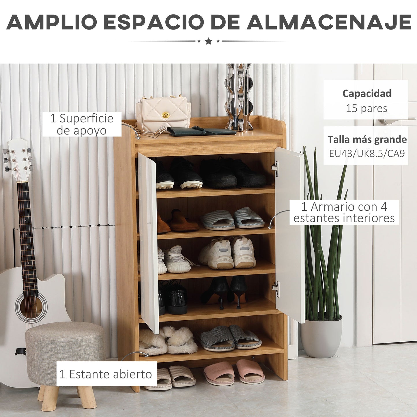 HOMCOM Zapatero Moderno Mueble Zapatero con 2 Puertas 5 Estantes de Almacenamiento para 15 Pares de Zapatos para Salón Pasillo Entrada 60x32x100 cm Marrón y Blanco