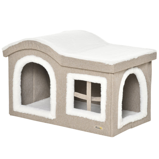 PawHut Casa Plegable para Gatos Interior Cueva para Gatos Grande con Tapa Extraíble Cojines 2 Entradas y Ventana Taburete para Gatos 63,5x37x40 cm Beige