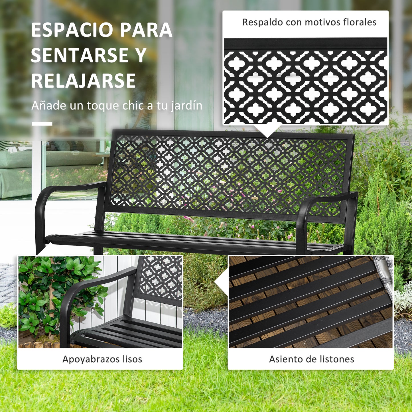 Outsunny Banco de Jardín de Acero Banco Exterior de 2 Plazas con Respaldo Decorativo Estampado para Terraza Balcón Patio Carga 240 kg 127x63x83 cm Negro