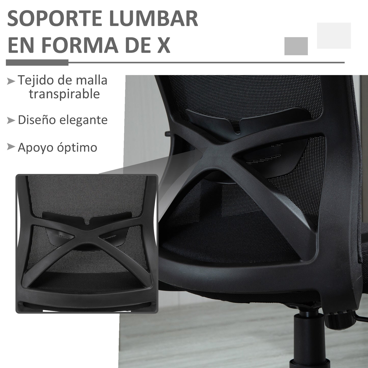 Vinsetto Silla de Oficina Giratoria Silla Escritorio con Altura Ajustable Reposabrazos Soporte Lumbar Respaldo Transpirable y Función Basculante para Adolescentes 62x56x95-103 cm Negro