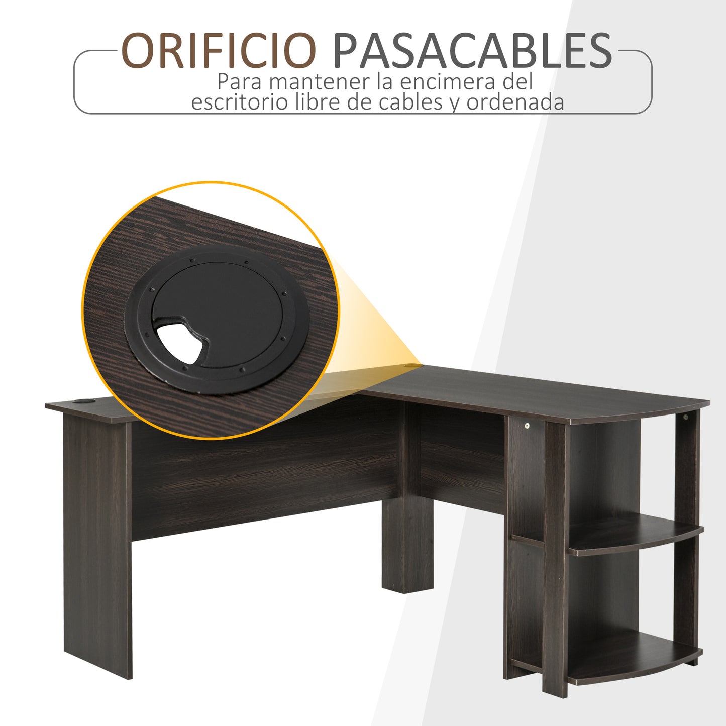 HOMCOM Mesa de Ordenador PC Escritorio para Oficina Hogar Tipo Esquinera Forma L con Estantes 136x130x72cm Madera